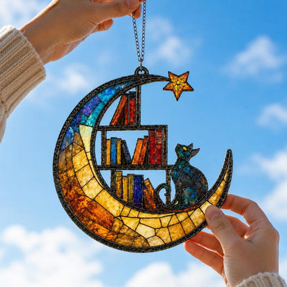Moon Cat Library Suncatcher, Book Lover Window Decor,  Cat Lover Gift