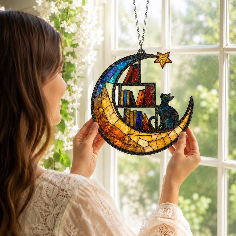 Moon Cat Library Suncatcher, Book Lover Window Decor,  Cat Lover Gift