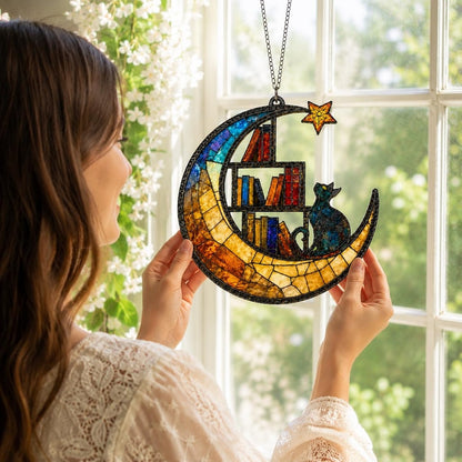 Moon Cat Library Suncatcher, Book Lover Window Decor,  Cat Lover Gift