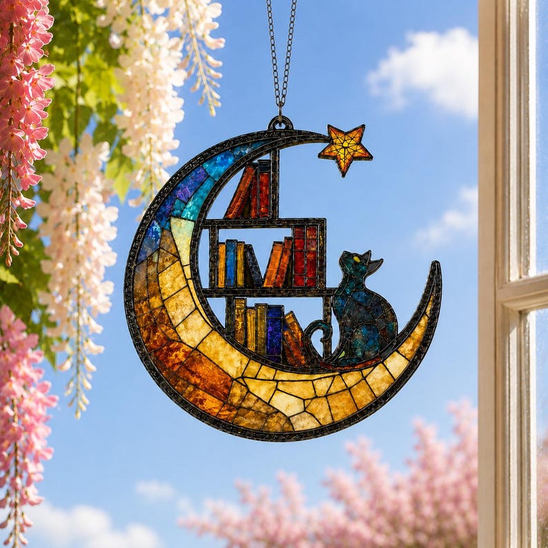 Moon Cat Library Suncatcher, Book Lover Window Decor,  Cat Lover Gift