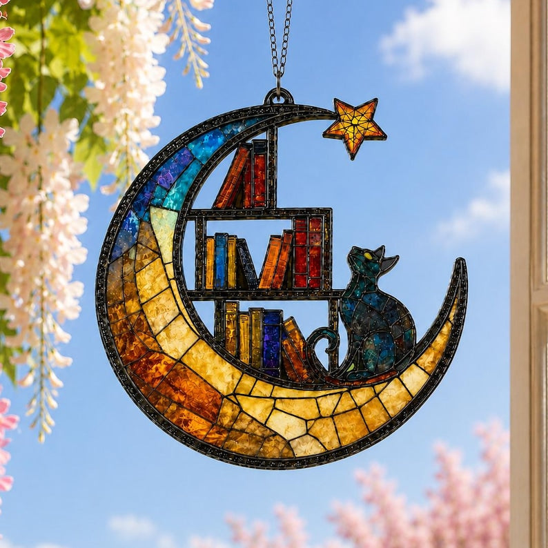 Moon Cat Library Suncatcher, Book Lover Window Decor,  Cat Lover Gift