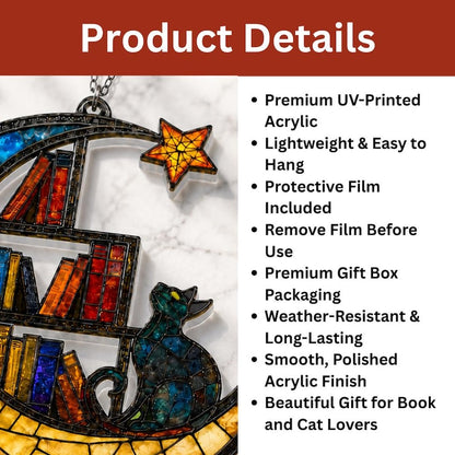 Moon Cat Library Suncatcher, Book Lover Window Decor,  Cat Lover Gift