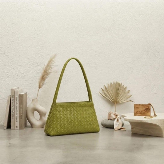 Faux Leather Woven Shoulder Bag, Green Hobo Purse, Quiet Luxury Minimalist Everyday Handbag