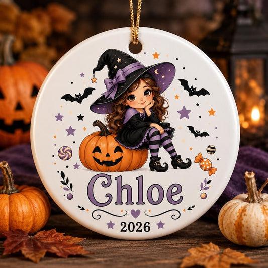 Personalized Witch Girl Halloween Ornament, Custom Name Pumpkin Keepsake, Kids Halloween Gift 2026