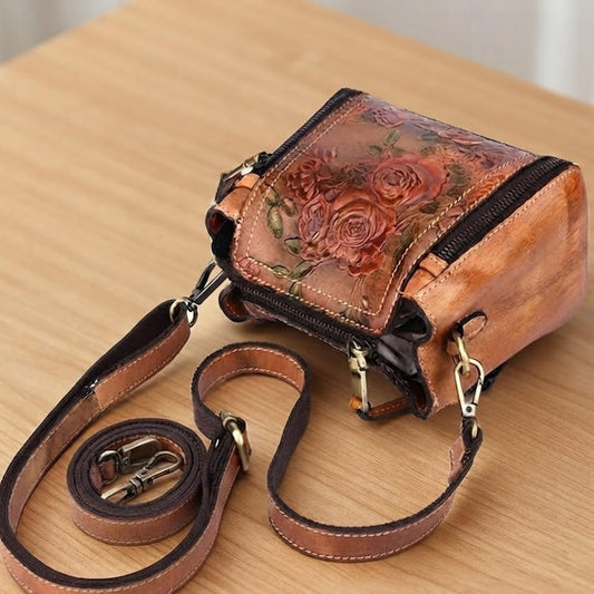 Embossed Rose Leather Bucket Bag Women Vintage Floral Shoulder Purse Personalized Tan Crossbody Handbag Artisan Everyday Bag Gift for Mom