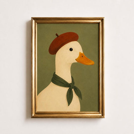 French Duck Poster, Duck in Beret Wall Art, Funny Animal Portrait Print, Olive Green Kitchen Decor, Whimsical Duck Art, Duck Lover Gift