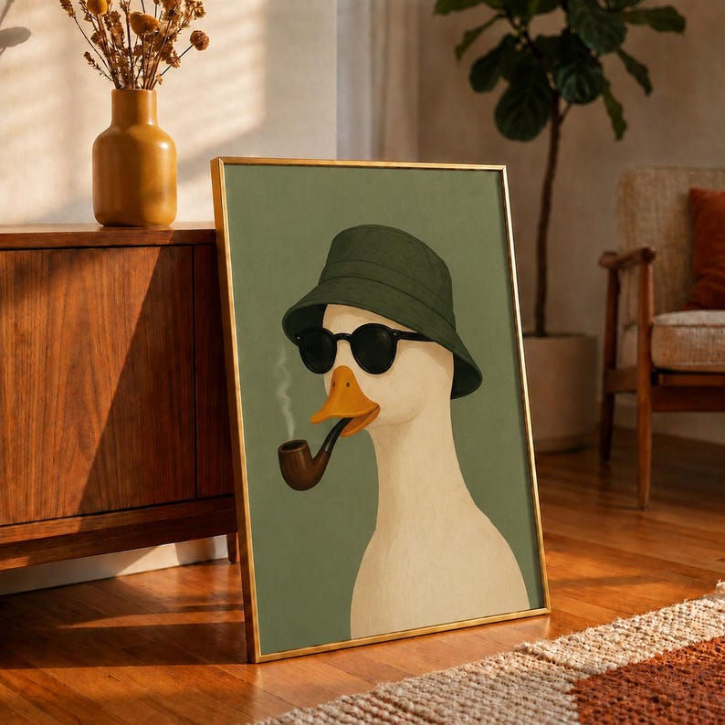Smoking Duck Poster, Cool Duck with Sunglasses Wall Art, Funny Animal Portrait Print, Sage Green Man Cave Decor, Duck Lover Gift Idea