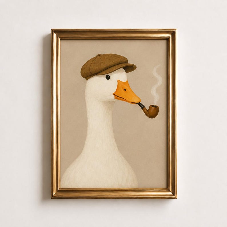 Smoking Duck Poster, Vintage Gentleman Duck Wall Art, Duck in Flat Cap Print, Beige Man Cave Decor, Funny Animal Portrait, Duck Lover Gift