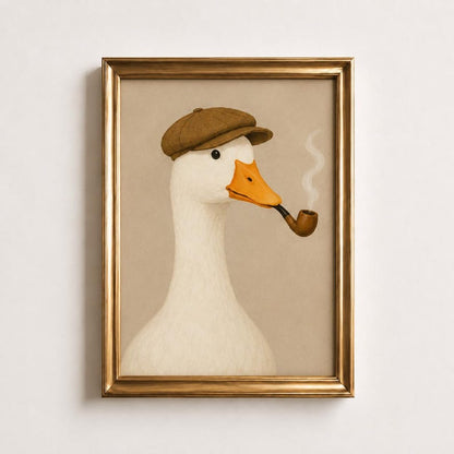 Smoking Duck Poster, Vintage Gentleman Duck Wall Art, Duck in Flat Cap Print, Beige Man Cave Decor, Funny Animal Portrait, Duck Lover Gift