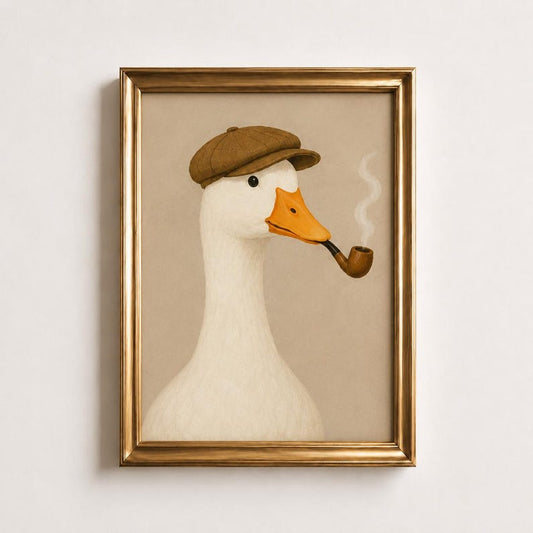 Smoking Duck Poster, Vintage Gentleman Duck Wall Art, Duck in Flat Cap Print, Beige Man Cave Decor, Funny Animal Portrait, Duck Lover Gift