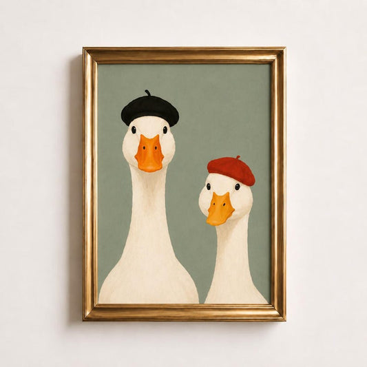 French Duck Duo Poster, Ducks in Berets Wall Art, Funny Animal Portrait Print, Sage Green Kitchen Decor, Whimsical Duck Art, Duck Lover Gift