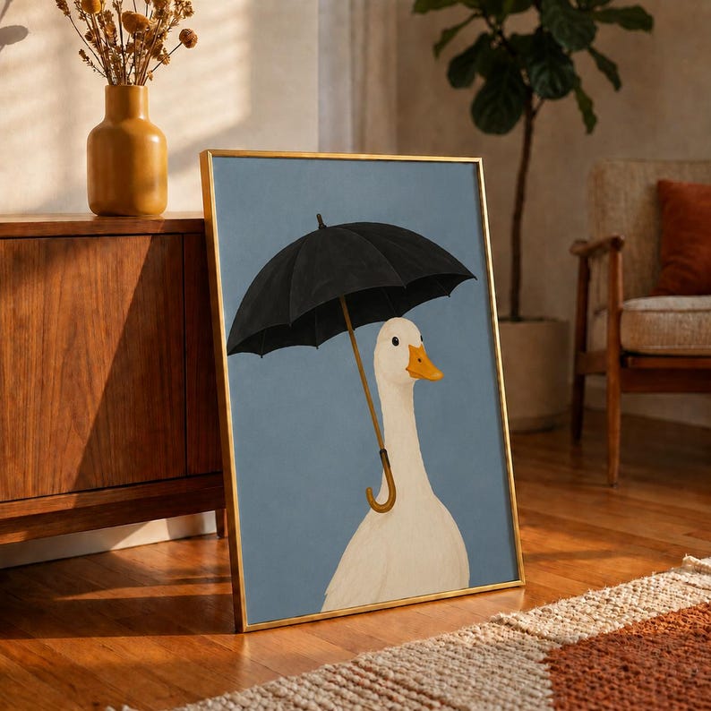 Duck with Umbrella Poster, Whimsical Duck Wall Art, Funny Animal Portrait Print, Blue Grey Bathroom Decor, Rainy Day Art, Duck Lover Gift