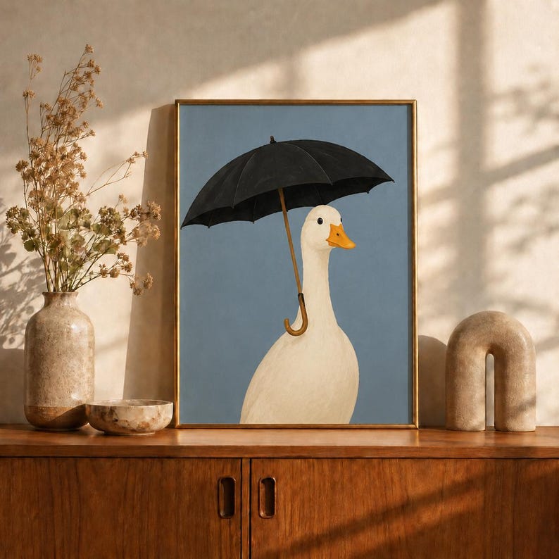 Duck with Umbrella Poster, Whimsical Duck Wall Art, Funny Animal Portrait Print, Blue Grey Bathroom Decor, Rainy Day Art, Duck Lover Gift
