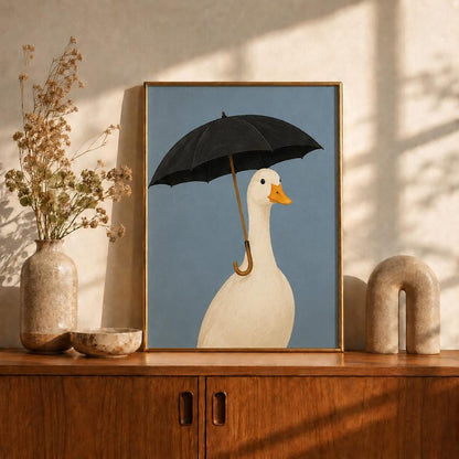 Duck with Umbrella Poster, Whimsical Duck Wall Art, Funny Animal Portrait Print, Blue Grey Bathroom Decor, Rainy Day Art, Duck Lover Gift