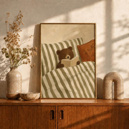 Reading Bear Oil Painting Poster, Bear Cub in Bed with Book Print, Sage Green Nursery Wall Art, Woodland Bedroom Decor, Book Lover Gift