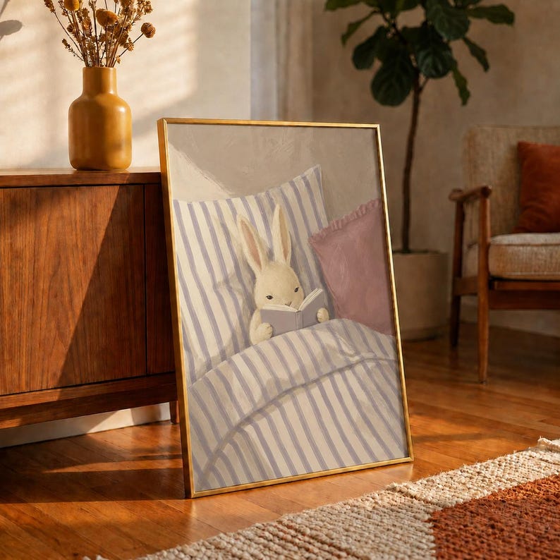 Reading Bunny Oil Painting Poster, Rabbit in Bed with Book Print, Lilac Nursery Wall Art, Cozy Kids Bedroom Decor, Book Lover Gift Idea