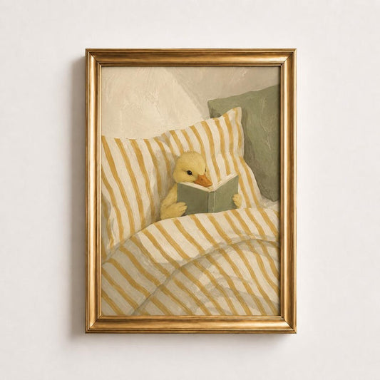 Reading Duckling Oil Painting Poster, Duck in Bed with Book Print, Yellow Nursery Wall Art, Cozy Kids Bedroom Decor, Baby Shower Gift