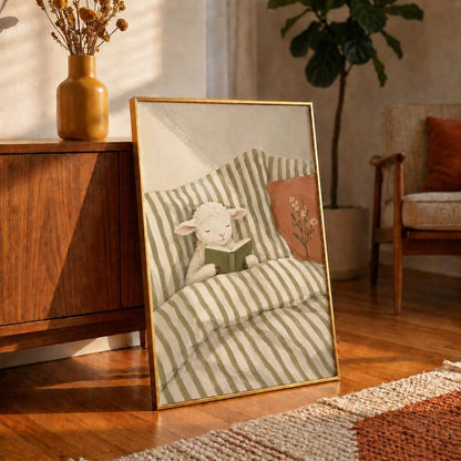 Reading Lamb Oil Painting Poster, Baby Sheep in Bed with Book Print, Sage Green Nursery Wall Art, Cozy Farmhouse Decor, Baby Shower Gift