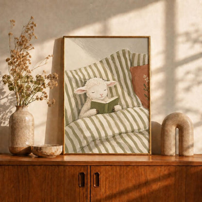 Reading Lamb Oil Painting Poster, Baby Sheep in Bed with Book Print, Sage Green Nursery Wall Art, Cozy Farmhouse Decor, Baby Shower Gift