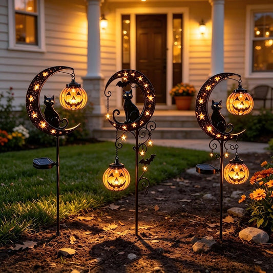 Halloween Solar Garden Stake Light, Black Cat Crescent Moon Pumpkin Lantern, Metal Outdoor Yard Decor, Pathway Lawn Accent