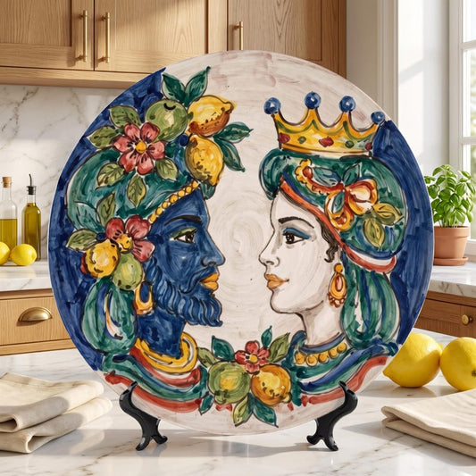 Sicilian Moorish Heads Inspired Display Plate | Mediterranean Art Decor | Lemon Portrait Wall Plate