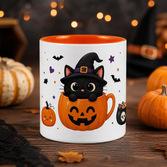Halloween Black Cat Pumpkin Mug | Spooky Season Coffee Cup (11oz or 15oz)