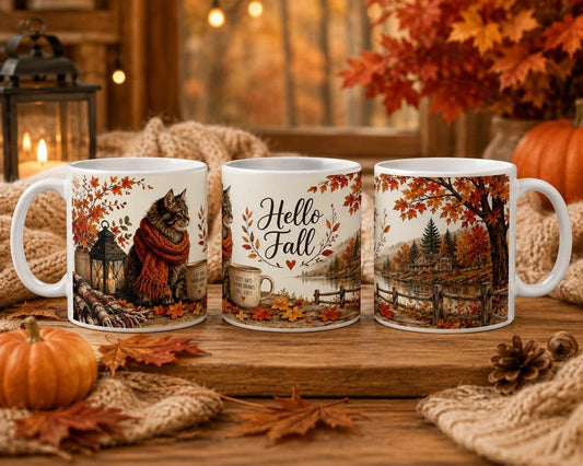 Cozy Tabby Cat Autumn Mug, Knitted Scarf Fall Landscape Coffee Cup (11oz or 20oz)