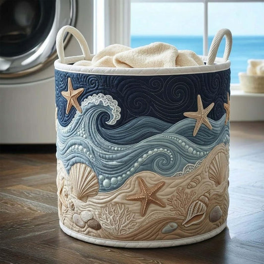 Ocean Spirit Quilted Laundry Basket: Beach Theme Storage Bin, Sea Theme Clothes Hamper