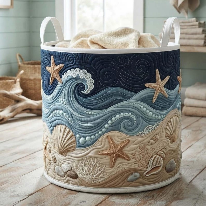 Ocean Spirit Quilted Laundry Basket: Beach Theme Storage Bin, Sea Theme Clothes Hamper
