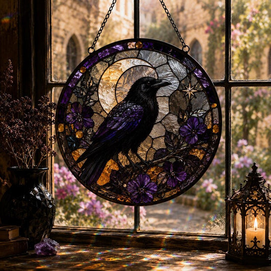 Gothic Raven Suncatcher, Resin Moon Window Hanging, Stained Glass Style Decor for Witchy Home, Raven Lover Gift