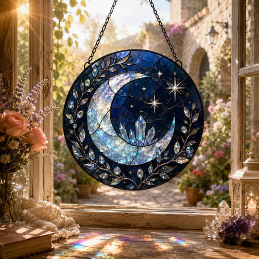 Moon Suncatcher, Blue Celestial Resin Window Hanging, Crystal Moon Decor for Witchy Homes, Gothic Gift for Moon Lovers