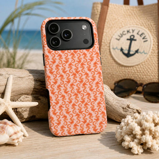 Coral Seahorse iPhone Case, Coastal MagSafe Compatible Phone Case, Beach Ocean Phone Cover for iPhone 17 16 15, Nautical Gift