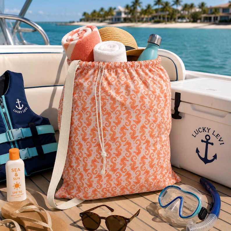 Coastal Seahorse Boat Bag, Beach Storage Bag, Large Drawstring Beach Tote, Lake House Gear Bag, Pool Toy Storage, Vacation Bag