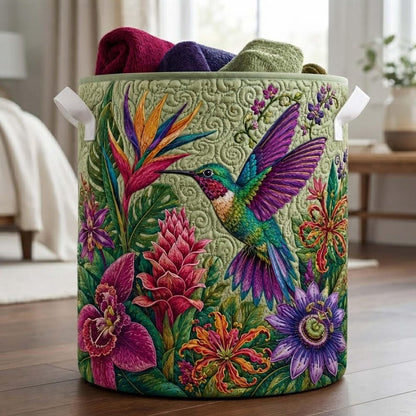 Tropical Hummingbird Quilted Laundry Basket: Colorful Bird  Storage Bin, Large Foldable Hamper