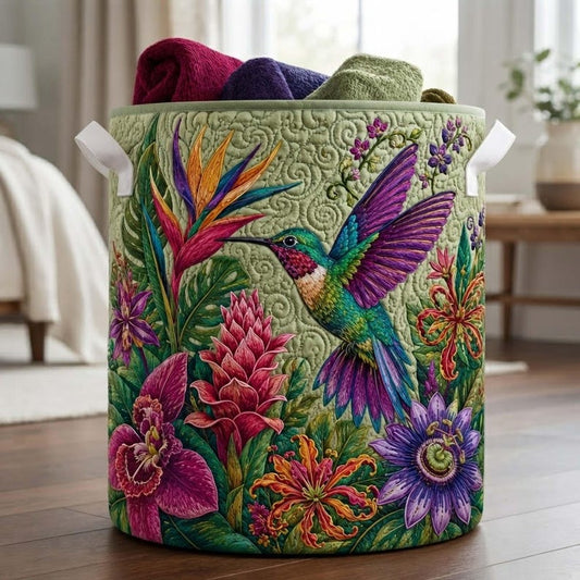 Tropical Hummingbird Quilted Laundry Basket: Colorful Bird  Storage Bin, Large Foldable Hamper