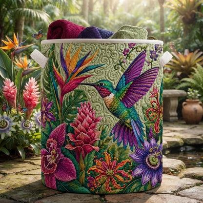 Tropical Hummingbird Quilted Laundry Basket: Colorful Bird  Storage Bin, Large Foldable Hamper