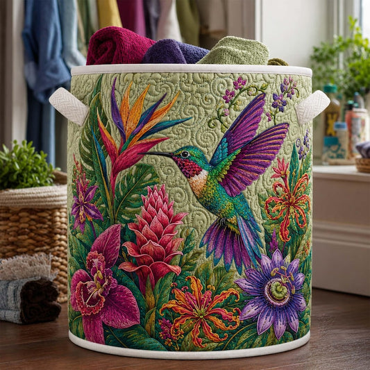 Tropical Hummingbird Quilted Laundry Basket: Colorful Bird  Storage Bin, Large Foldable Hamper