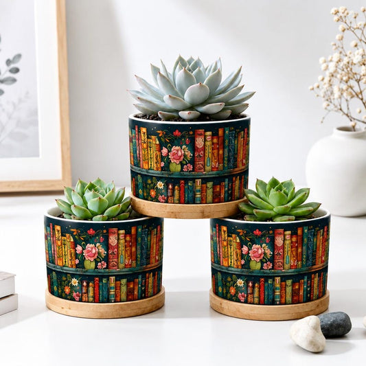 Bookshelf Vintage Plant Pot Ceramic Plant Pot, Succulent Planter, Books And Floral Design, Book Lover Gift, Teacher Gift