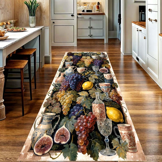 Tuscan Vineyard Runner Rug: Grape Lemon Fig Kitchen Carpet, Non-Slip Machine-Washable