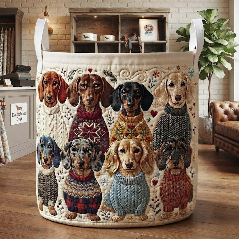 Dachshund Parade Quilted Laundry Basket: Cute Dog Storage Bin, Pet Lover Gift