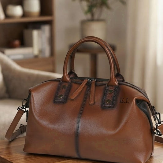 Personalized Leather Travel Bag Monogram Duffle Satchel Unisex Genuine Cowhide Weekender Handbag Brown Custom Initials Business Trip Gift