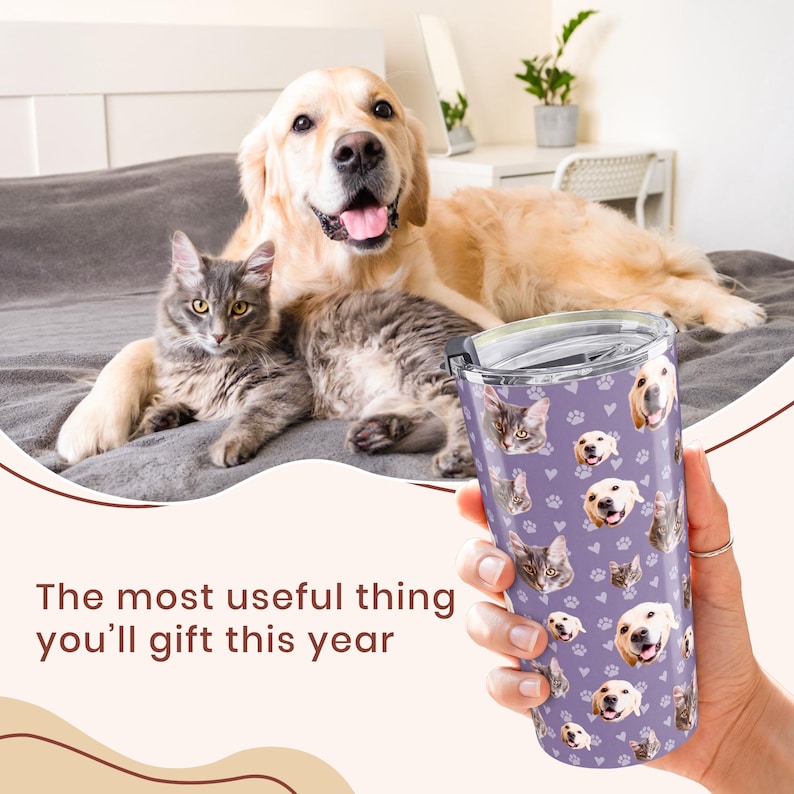Personalized Pet Photo Tumbler, Custom Photo Insulated Tumbler 20oz with Many Faces, Travel Mug, Pet Gift
