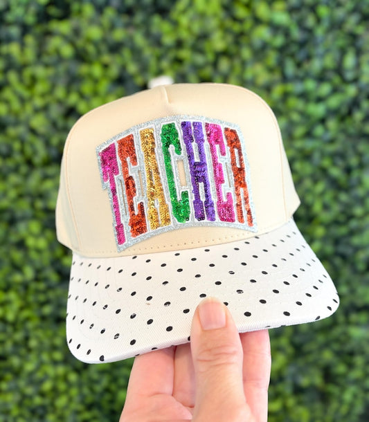 Teacher  Hat - Rainbow Sequin with Pattern Brims -  Custom Field Day Teacher Hats