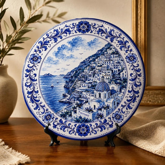 Blue White Mediterranean Inspired by Positano Seaside Town Ceramic Display Plate