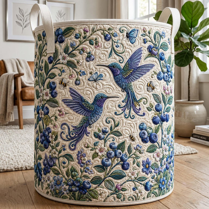 Hummingbird Quilted Laundry Hamper: Bird Floral Storage Bin, Elegant Clothes Hamper