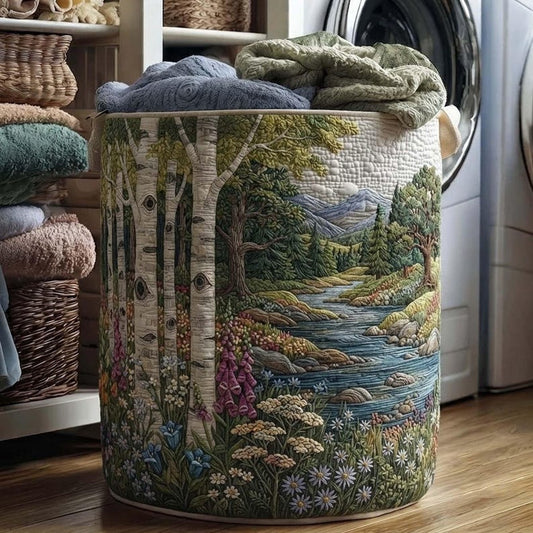 Birch Forest Quilted Laundry Basket Nature Woods Storage Bin, Quilt Fabric Hamper
