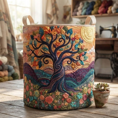 Boho Garden Quilted Laundry Basket Botanical Floral Storage Bin, Quilt Fabric Hamper