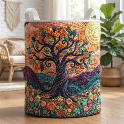 Boho Garden Quilted Laundry Basket Botanical Floral Storage Bin, Quilt Fabric Hamper