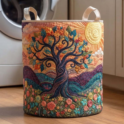 Boho Garden Quilted Laundry Basket Botanical Floral Storage Bin, Quilt Fabric Hamper