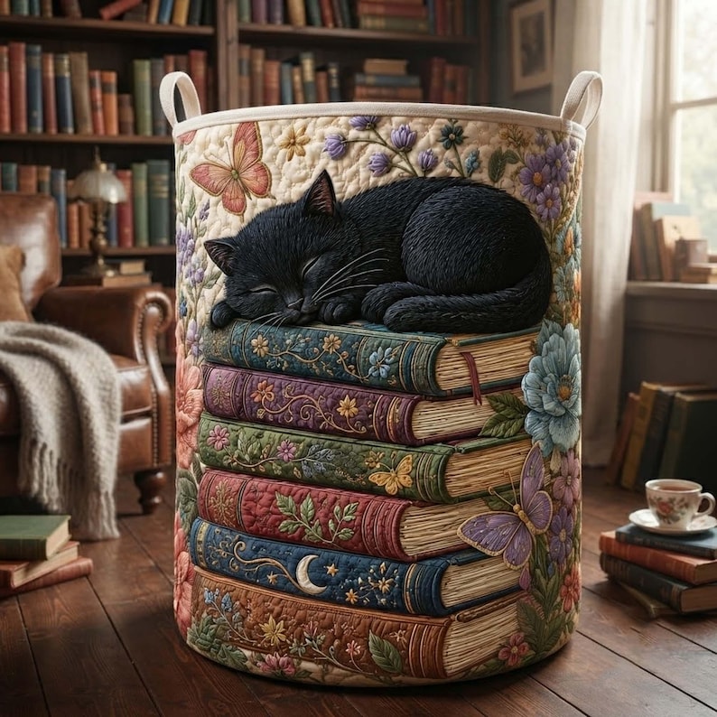 Bookish Cat Quilted Laundry Basket Library Kitten Storage Bin, Quilt Fabric Hamper